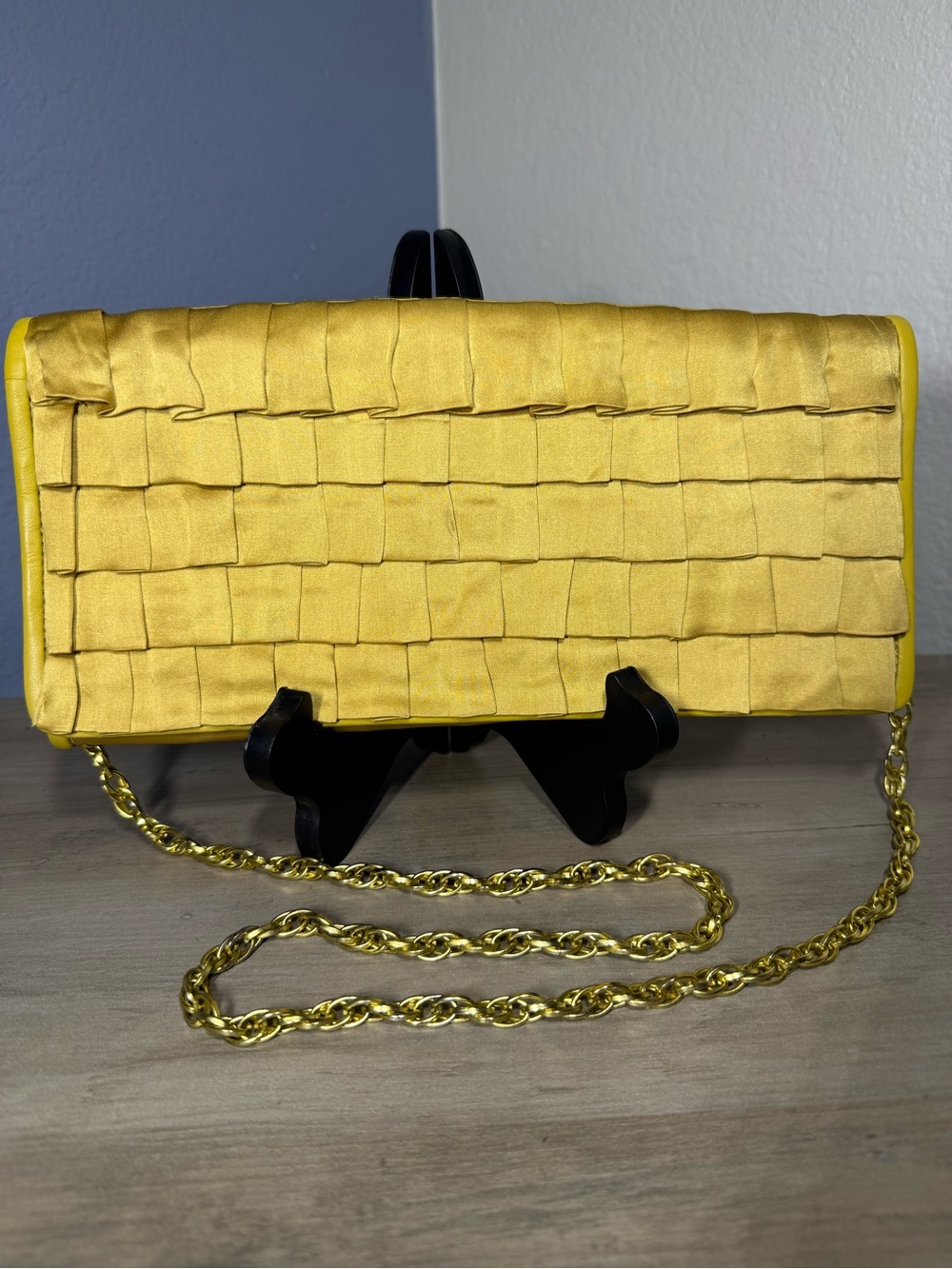 Vintage Jigsaw Mustard Yellow Silk Clutch Chain Shoulder Bag